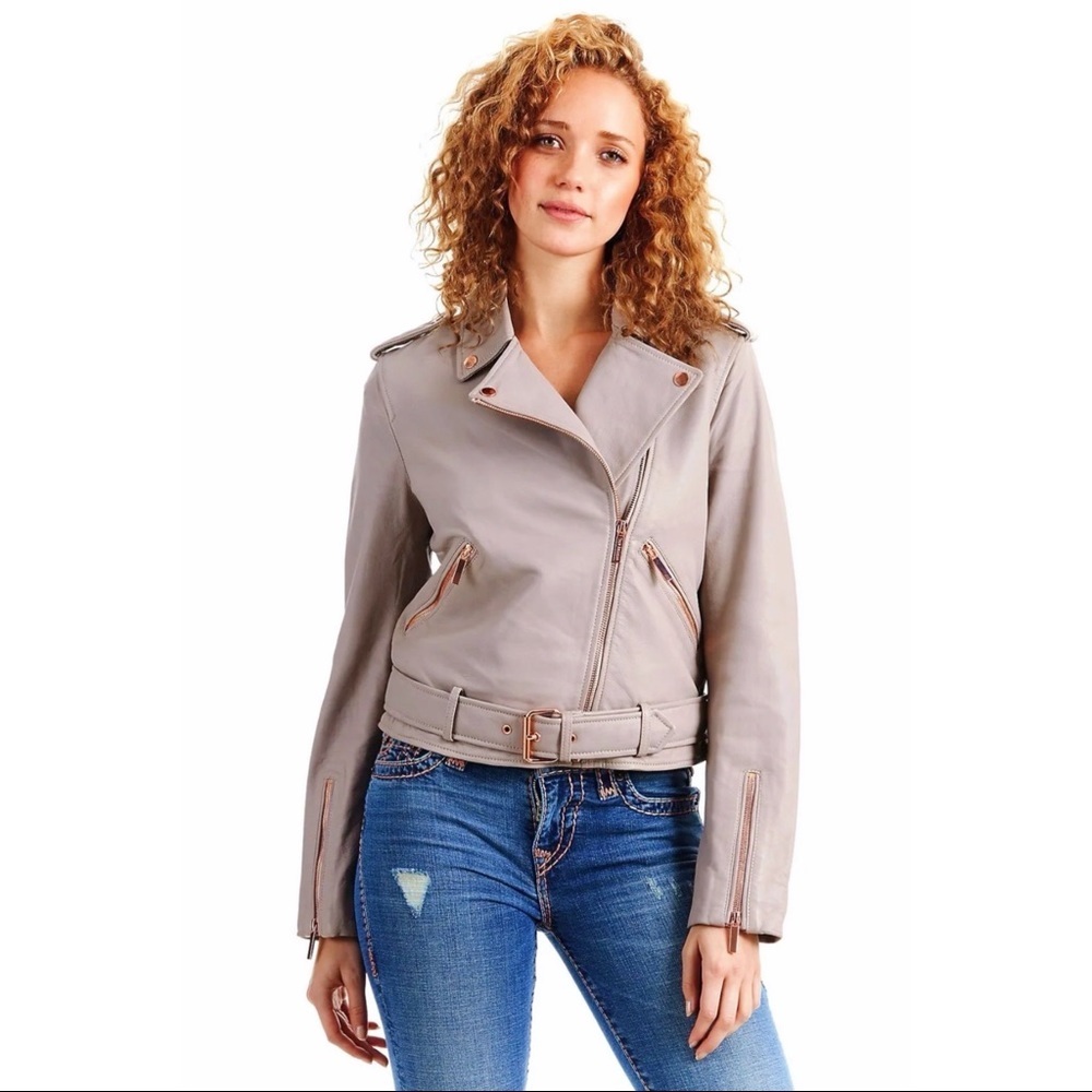 $495‼️TRUE RELIGION SHEEP LEATHER MOTO JACKET CROPPED Mauve Motorcycle Luxury XS